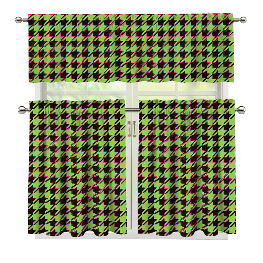 Trippy green Houndstooth Pattern Print 3 Piece Kitchen Curtains
