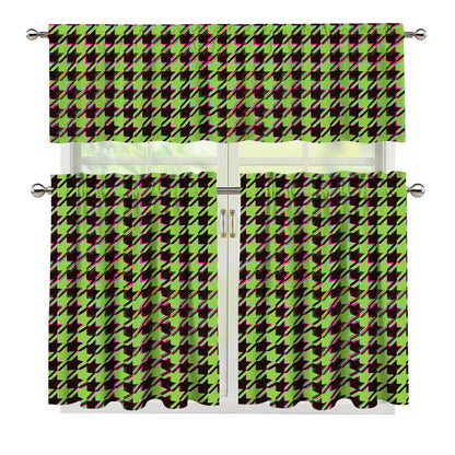 Trippy green Houndstooth Pattern Print 3 Piece Kitchen Curtains