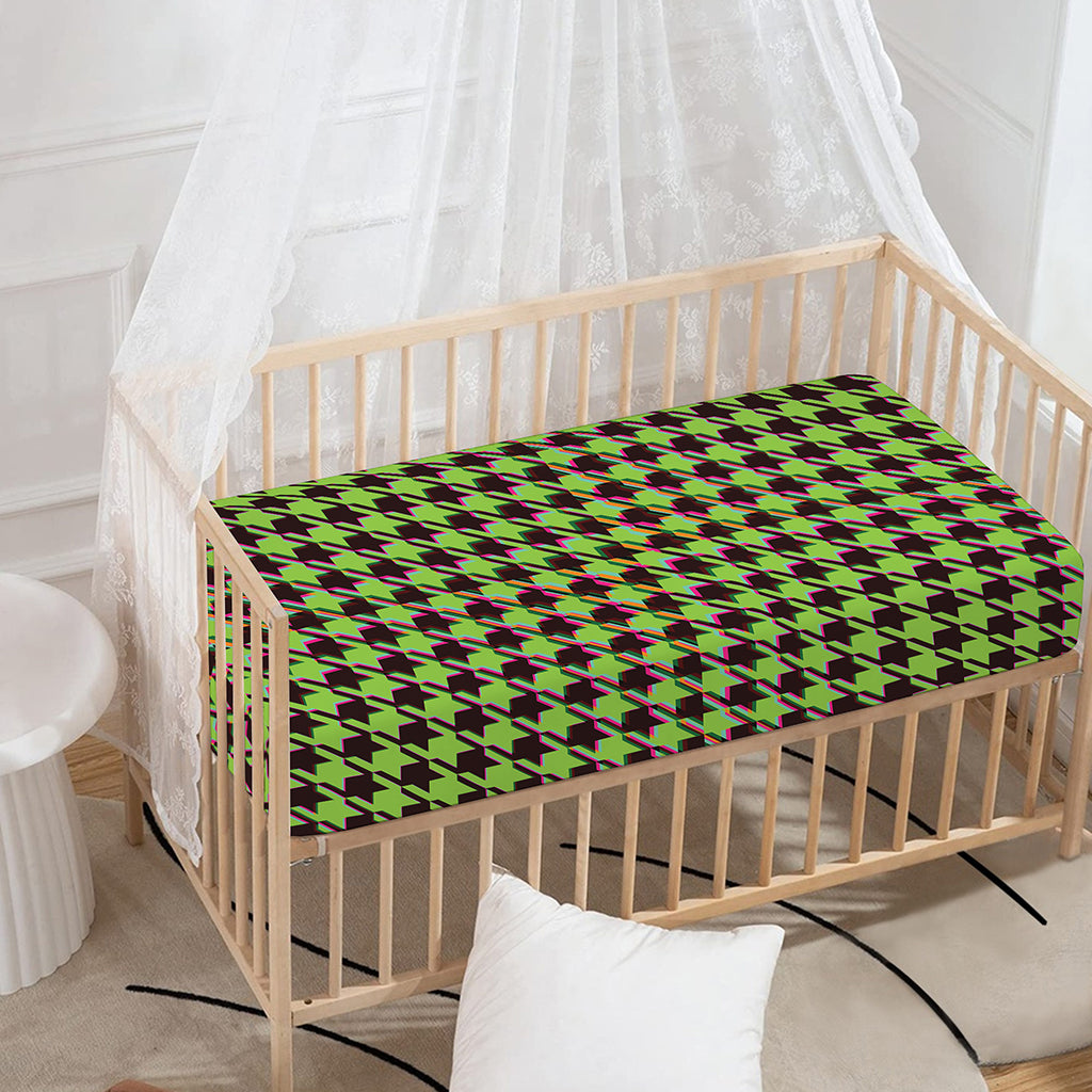 Trippy green Houndstooth Pattern Print Baby Crib Sheet