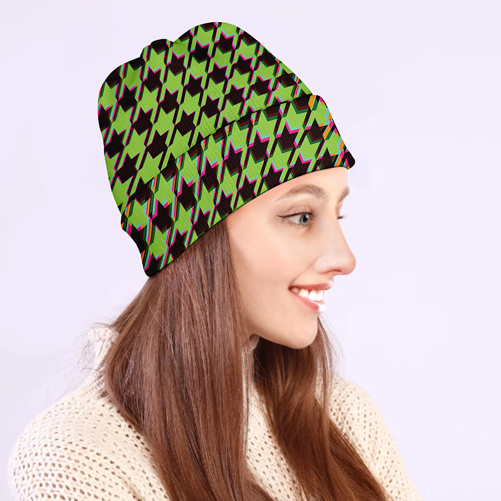 Trippy green Houndstooth Pattern Print Beanie