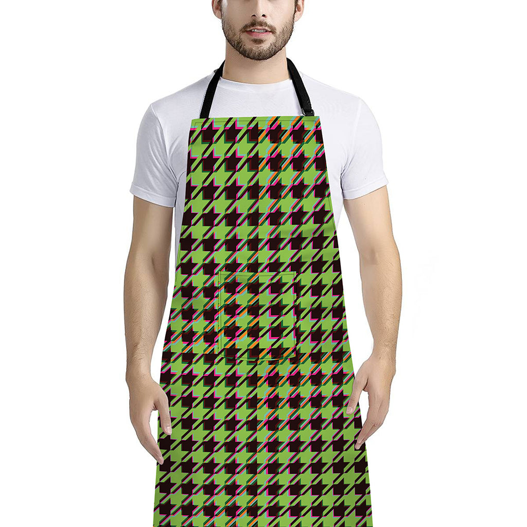 Trippy green Houndstooth Pattern Print Bib Apron With Pocket