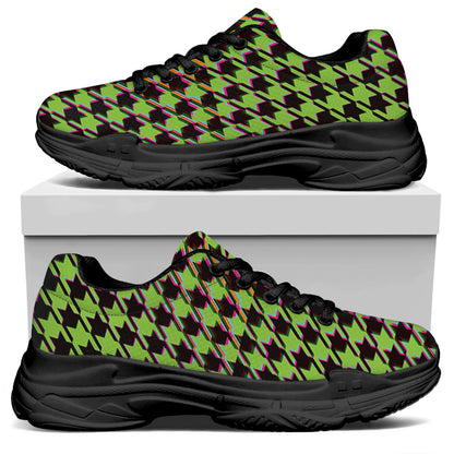 Trippy green Houndstooth Pattern Print Black Chunky Shoes