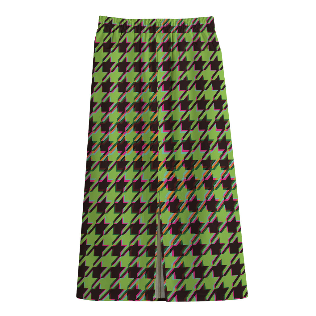 Trippy green Houndstooth Pattern Print Cotton Front Slit Maxi Skirt