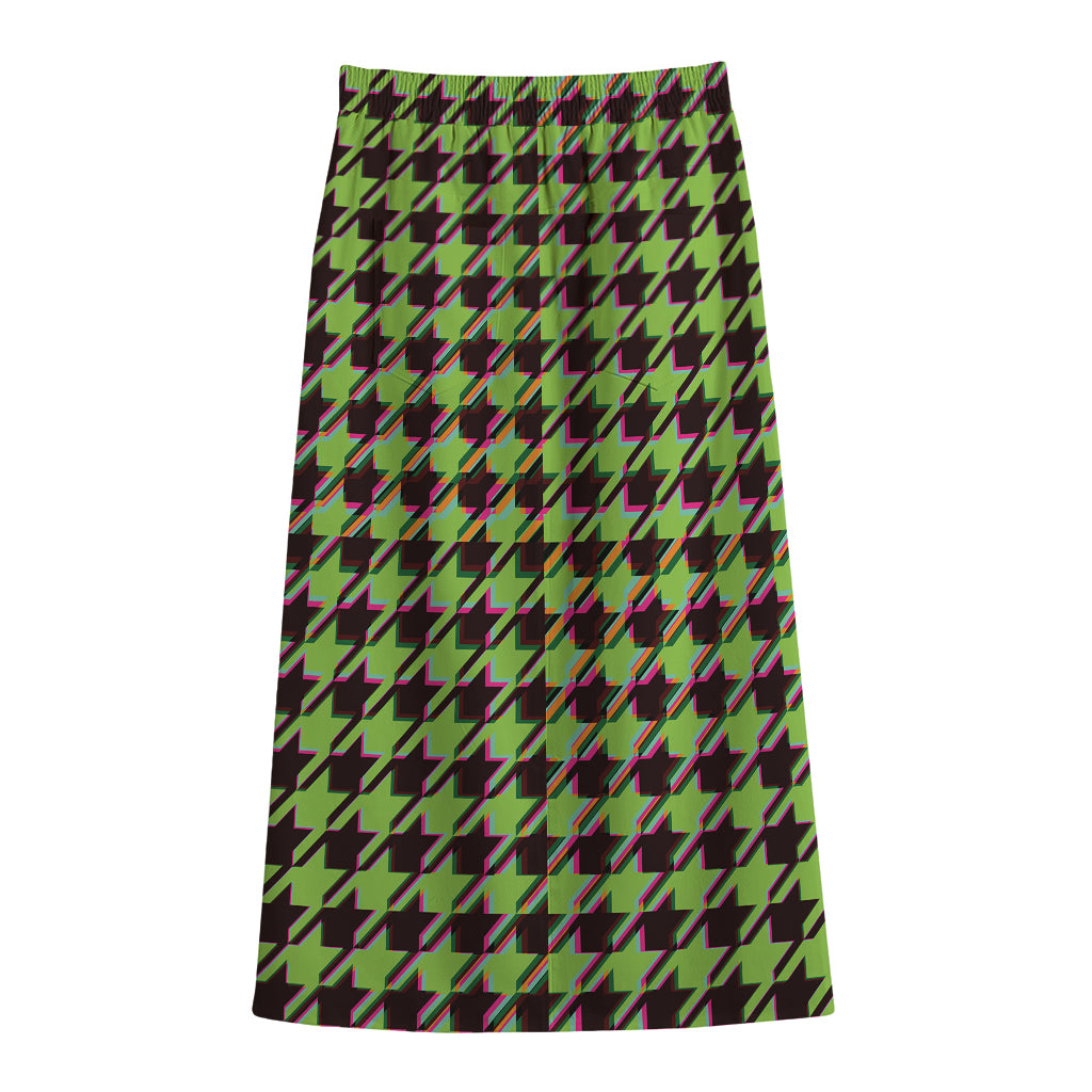 Trippy green Houndstooth Pattern Print Cotton Front Slit Maxi Skirt