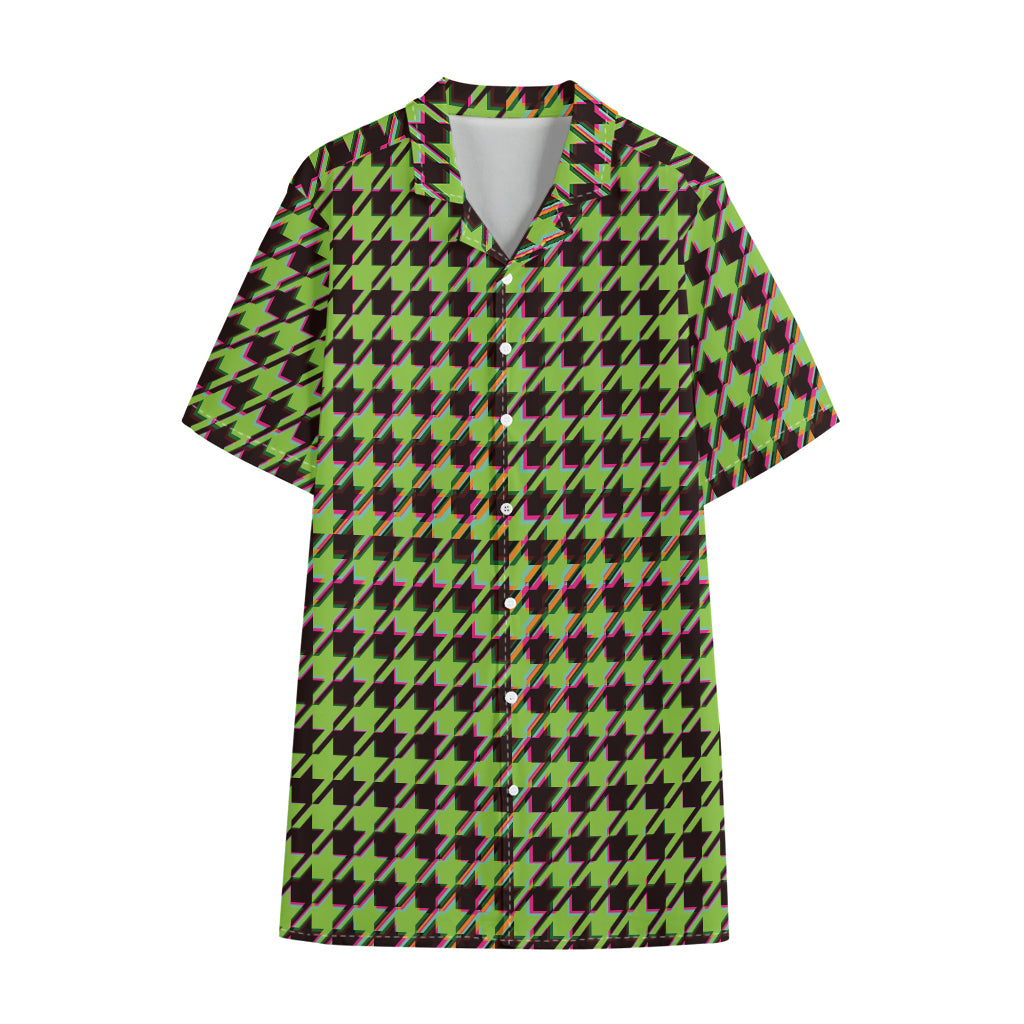 Trippy green Houndstooth Pattern Print Cotton Hawaiian Shirt
