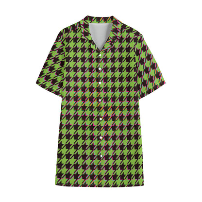 Trippy green Houndstooth Pattern Print Cotton Hawaiian Shirt