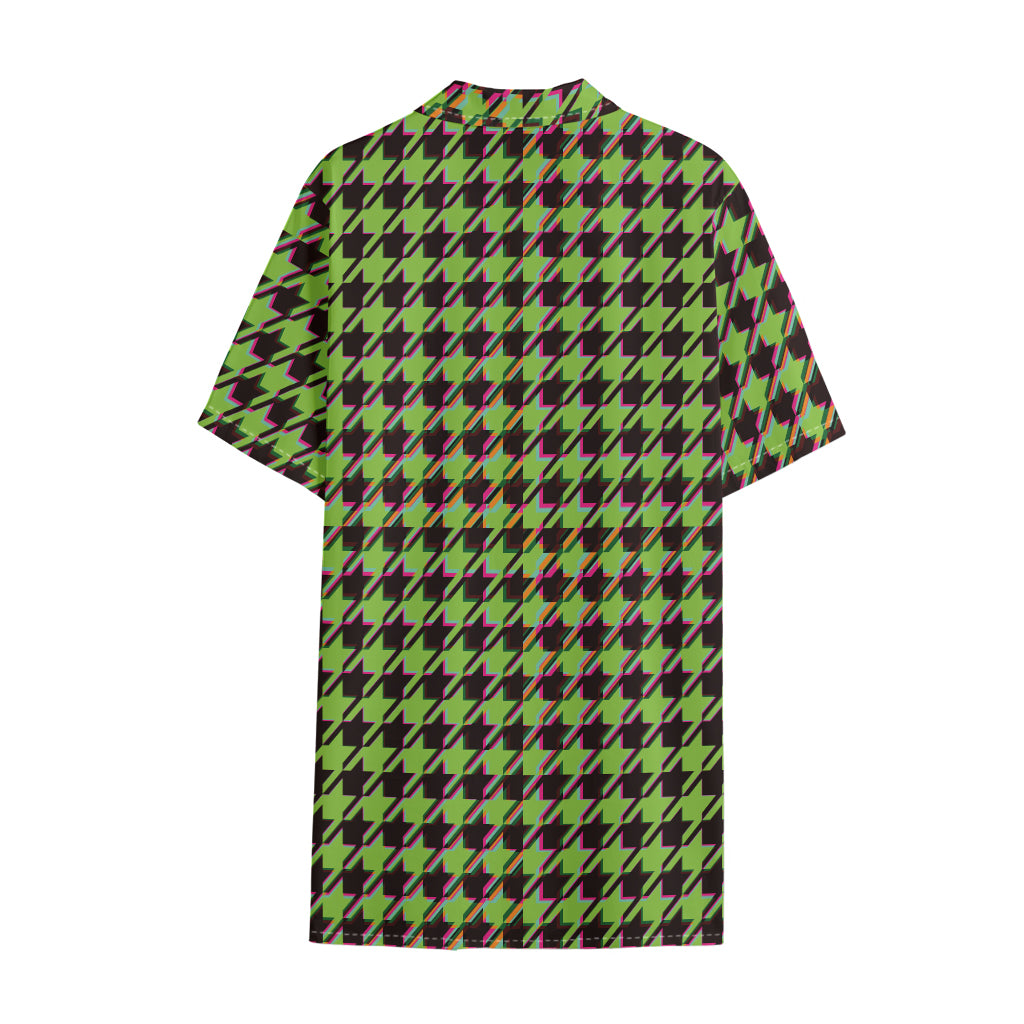 Trippy green Houndstooth Pattern Print Cotton Hawaiian Shirt