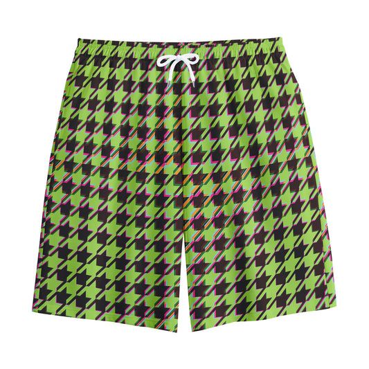Trippy green Houndstooth Pattern Print Cotton Shorts