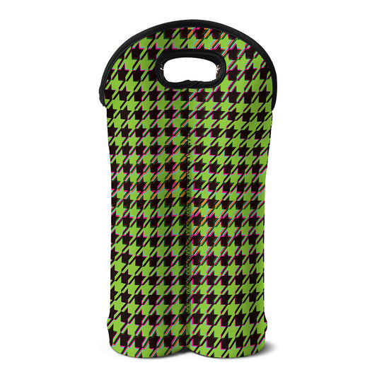 Trippy green Houndstooth Pattern Print Double Neoprene Wine Tote