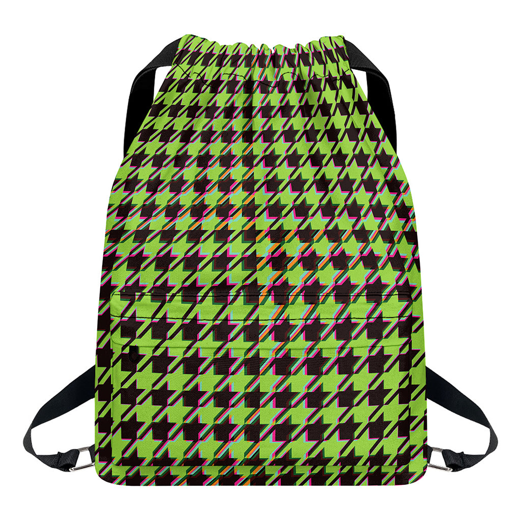 Trippy green Houndstooth Pattern Print Drawstring Backpack