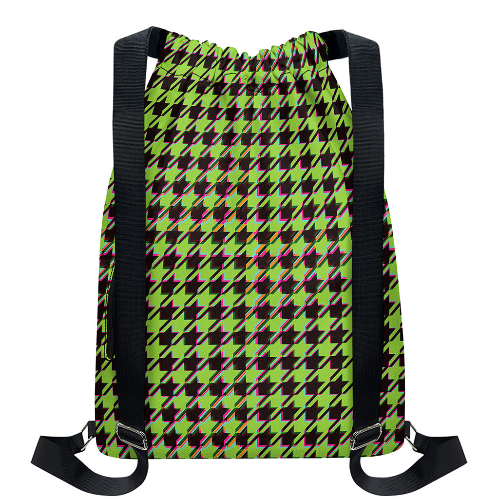 Trippy green Houndstooth Pattern Print Drawstring Backpack