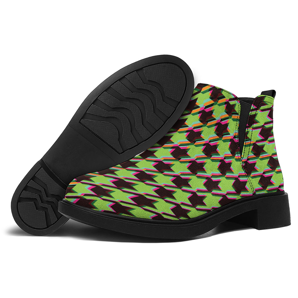 Trippy green Houndstooth Pattern Print Flat Ankle Boots