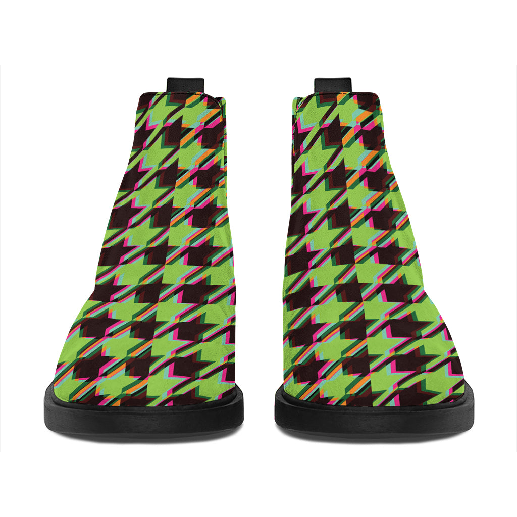 Trippy green Houndstooth Pattern Print Flat Ankle Boots