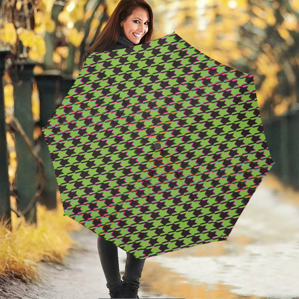 Trippy green Houndstooth Pattern Print Foldable Umbrella