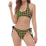 Trippy green Houndstooth Pattern Print Halter Scoop Tie Side Bikini