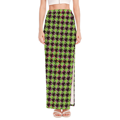 Trippy green Houndstooth Pattern Print High Slit Maxi Skirt