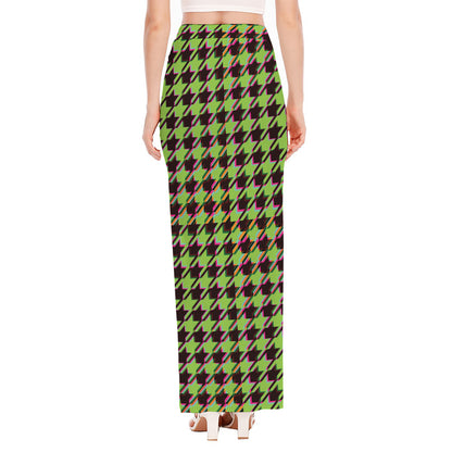 Trippy green Houndstooth Pattern Print High Slit Maxi Skirt