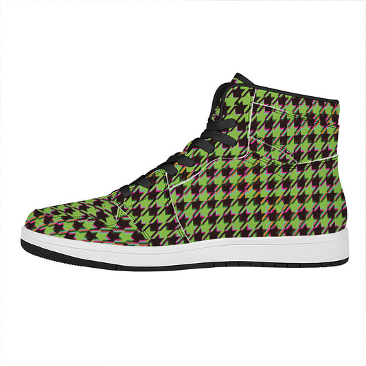 Trippy green Houndstooth Pattern Print High Top Leather Sneakers