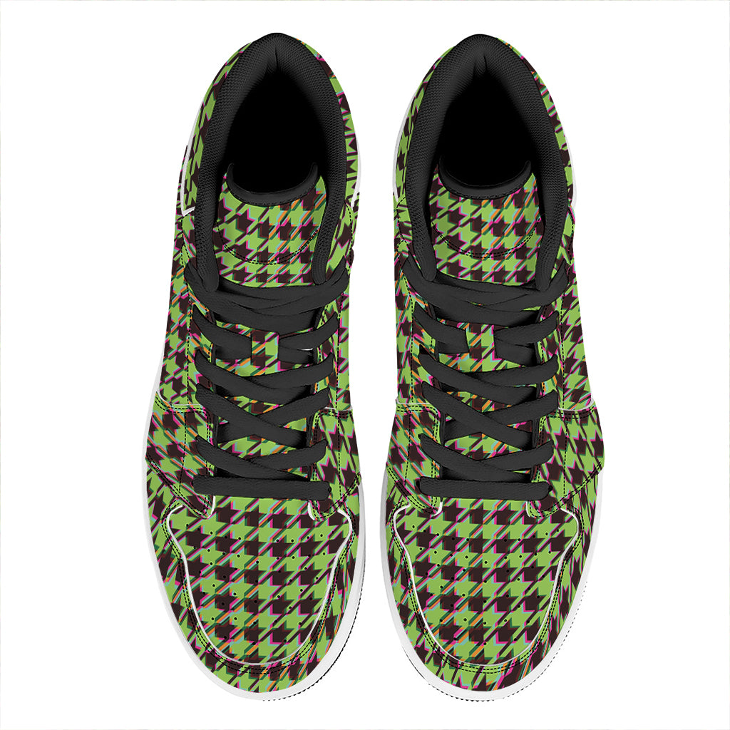 Trippy green Houndstooth Pattern Print High Top Leather Sneakers