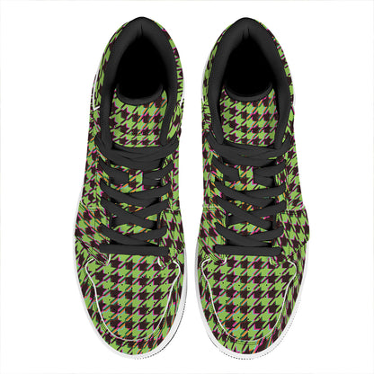 Trippy green Houndstooth Pattern Print High Top Leather Sneakers