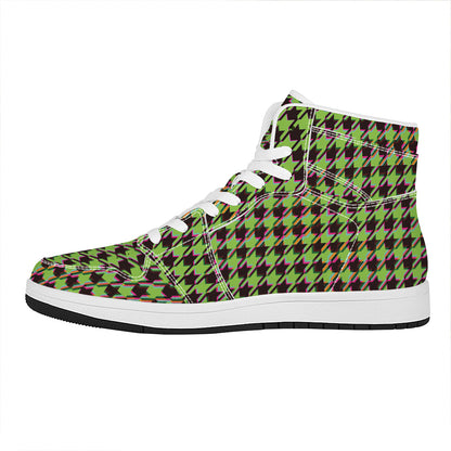 Trippy green Houndstooth Pattern Print High Top Leather Sneakers