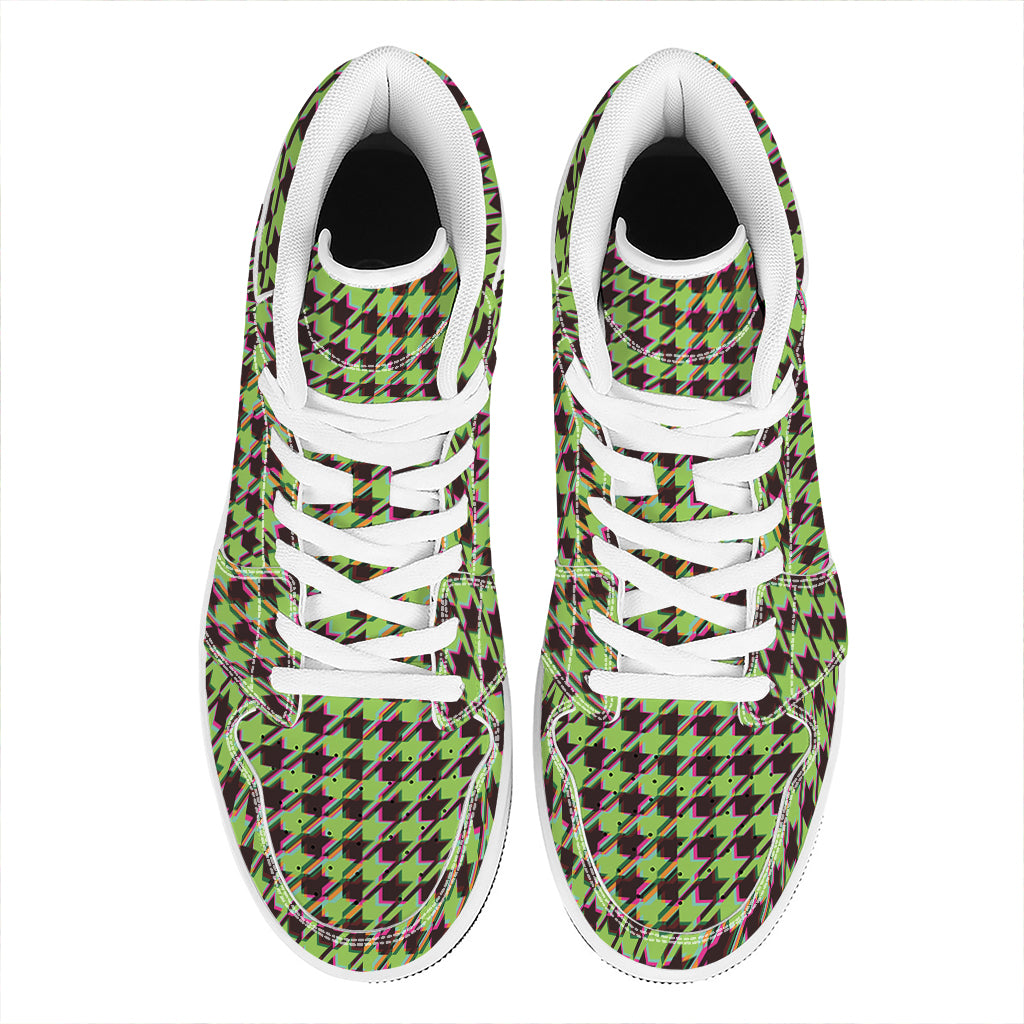 Trippy green Houndstooth Pattern Print High Top Leather Sneakers