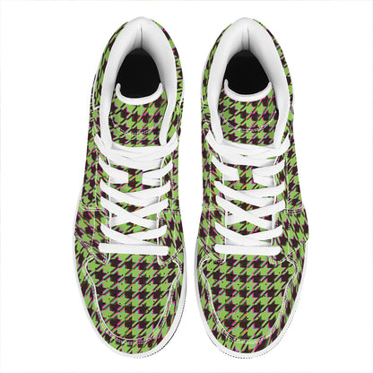 Trippy green Houndstooth Pattern Print High Top Leather Sneakers