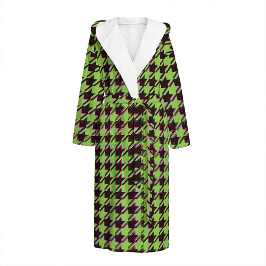 Trippy green Houndstooth Pattern Print Hooded Bathrobe