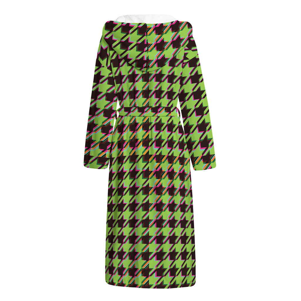 Trippy green Houndstooth Pattern Print Hooded Bathrobe