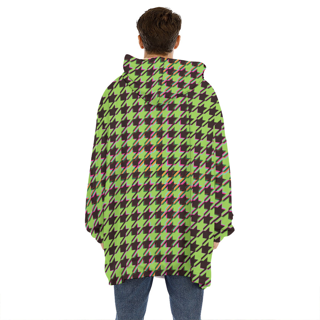 Trippy green Houndstooth Pattern Print Hoodie Blanket
