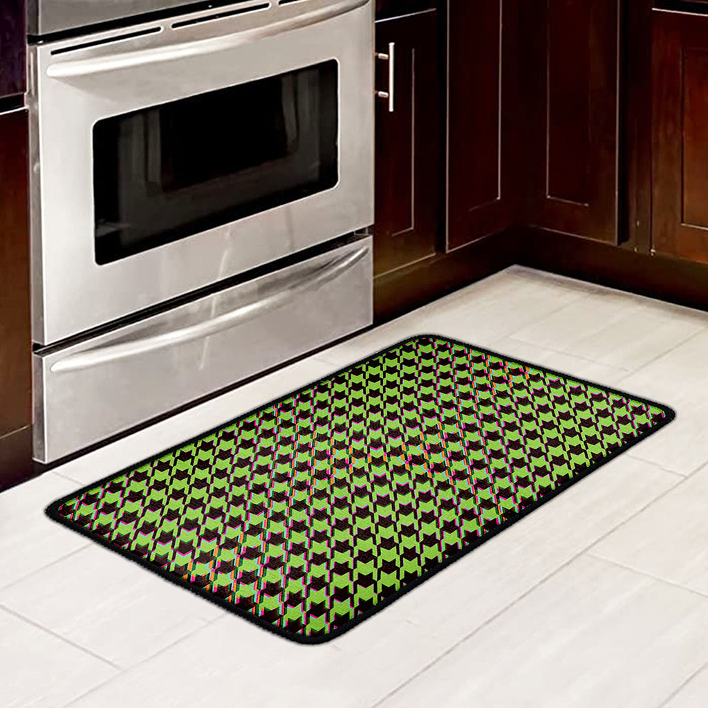 Trippy green Houndstooth Pattern Print Kitchen Mat