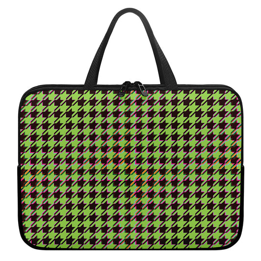 Trippy green Houndstooth Pattern Print Laptop Sleeve With Handle