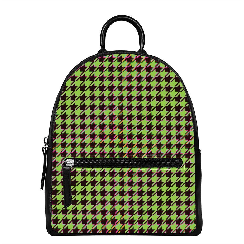 Trippy green Houndstooth Pattern Print Leather Backpack