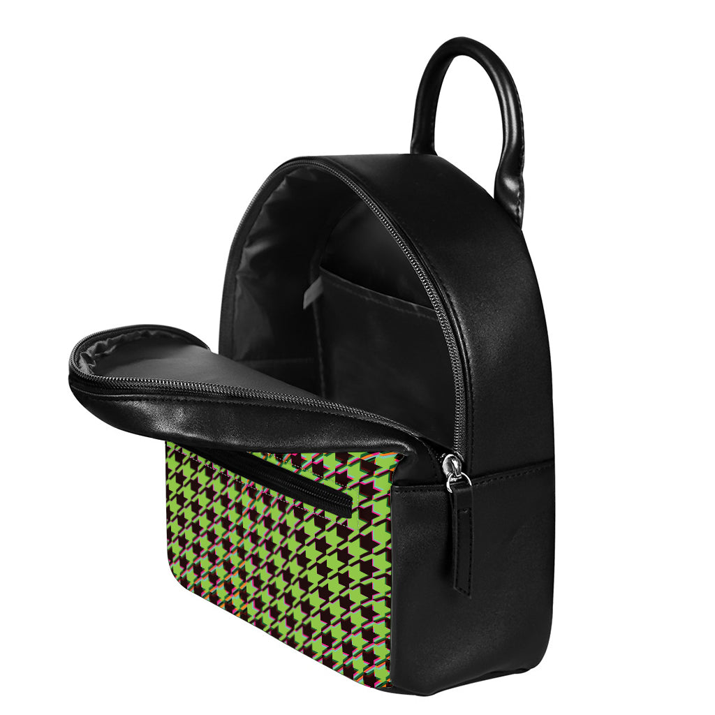 Trippy green Houndstooth Pattern Print Leather Backpack