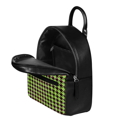 Trippy green Houndstooth Pattern Print Leather Backpack