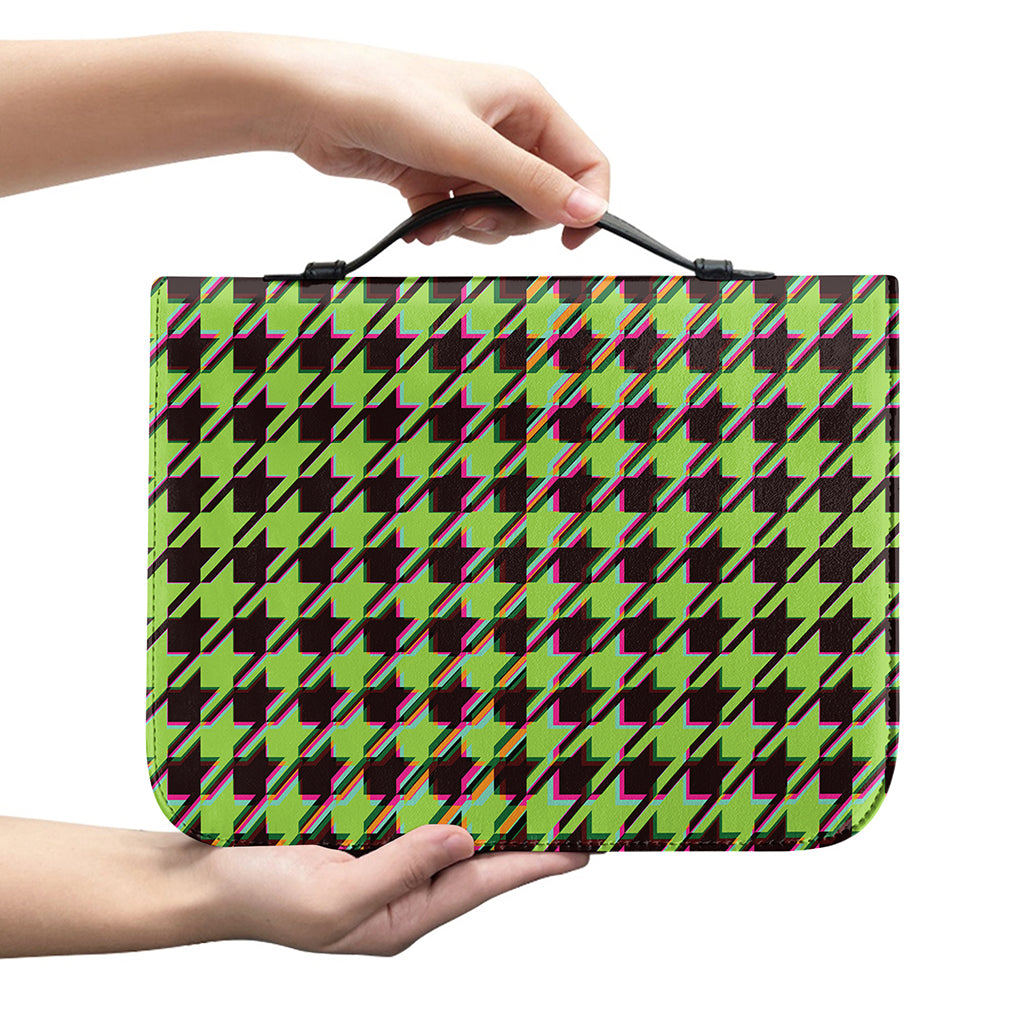 Trippy green Houndstooth Pattern Print Leather Bible Cover
