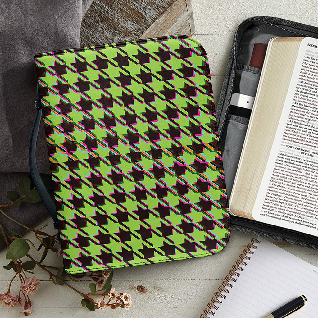 Trippy green Houndstooth Pattern Print Leather Bible Cover