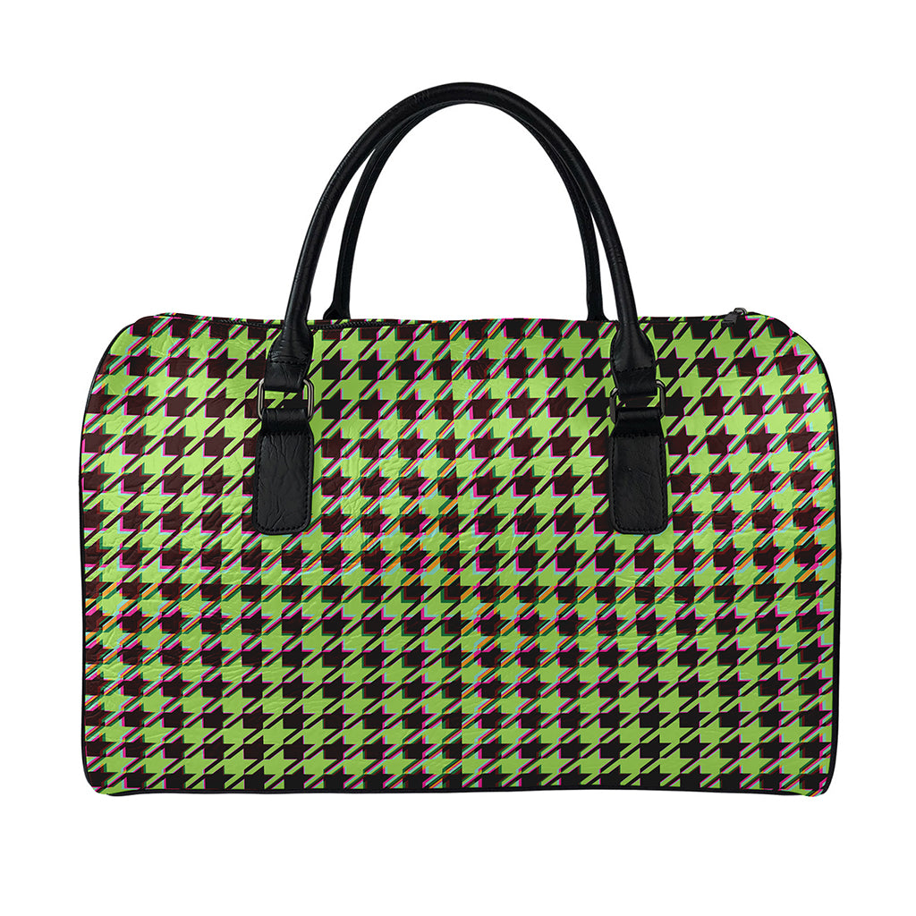 Trippy green Houndstooth Pattern Print Leather Duffle Bag