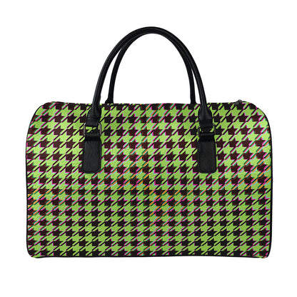 Trippy green Houndstooth Pattern Print Leather Duffle Bag