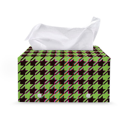 Trippy green Houndstooth Pattern Print Leather Tissue Box Cover