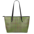 Trippy green Houndstooth Pattern Print Leather Tote Bag With Zipper