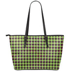 Trippy green Houndstooth Pattern Print Leather Tote Bag