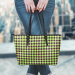 Trippy green Houndstooth Pattern Print Leather Tote Bag