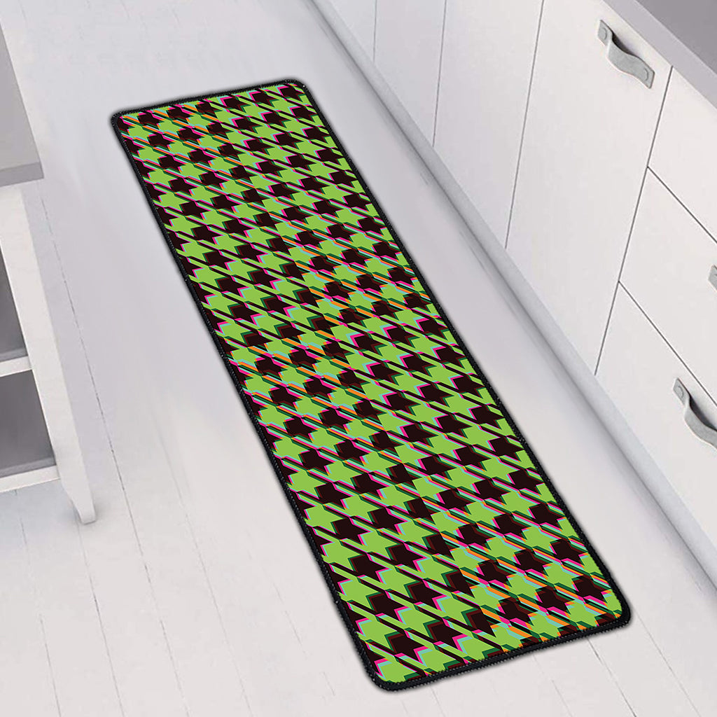 Trippy green Houndstooth Pattern Print Long Kitchen Mat