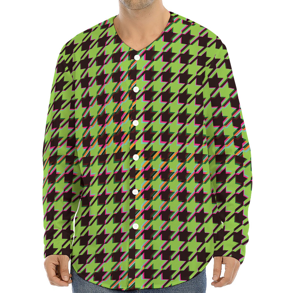 Trippy green Houndstooth Pattern Print Long Sleeve Baseball Jersey