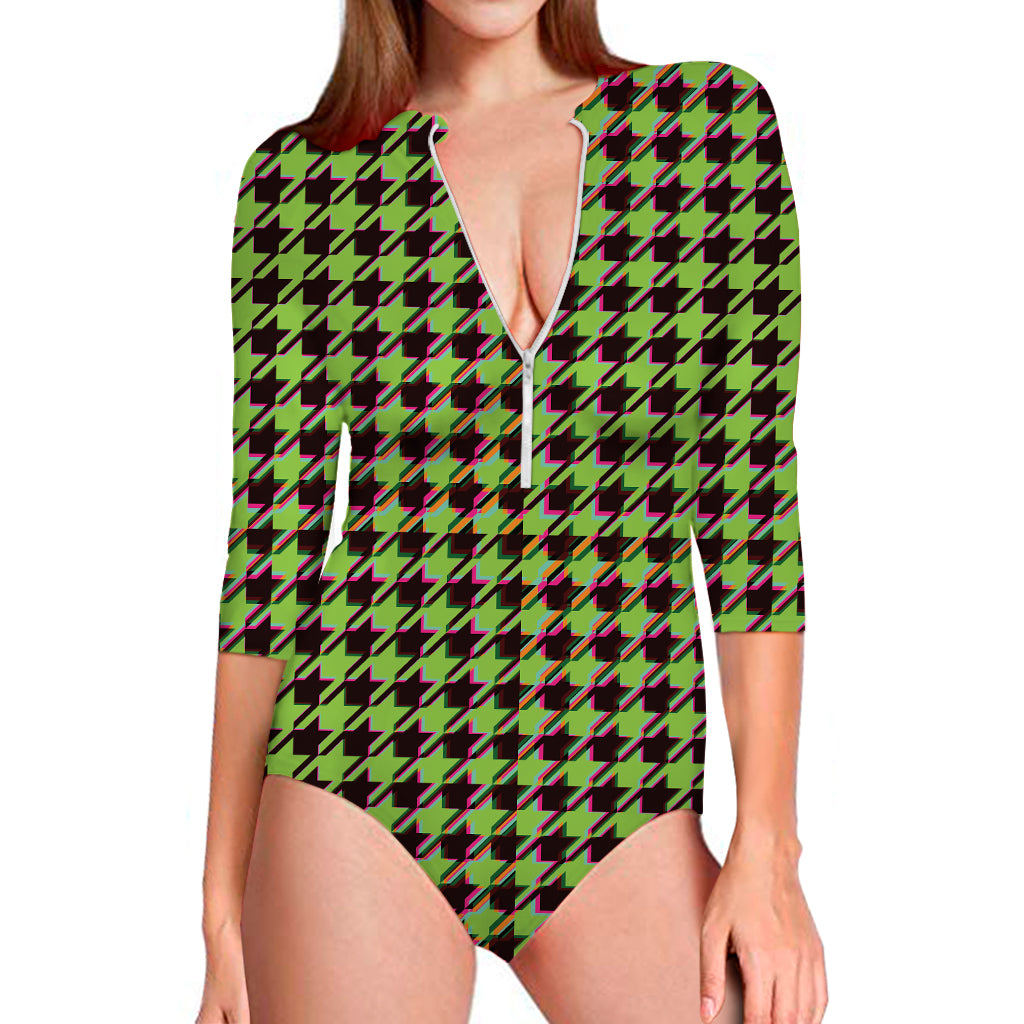Trippy green Houndstooth Pattern Print Long Sleeve Swimsuit