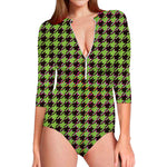 Trippy green Houndstooth Pattern Print Long Sleeve Swimsuit