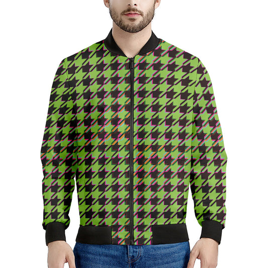 Trippy green Houndstooth Pattern Print Men's Bomber Jacket