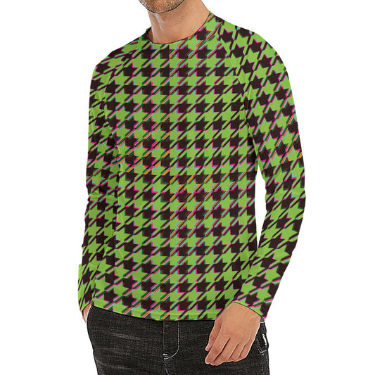 Trippy green Houndstooth Pattern Print Men's Long Sleeve Rash Guard