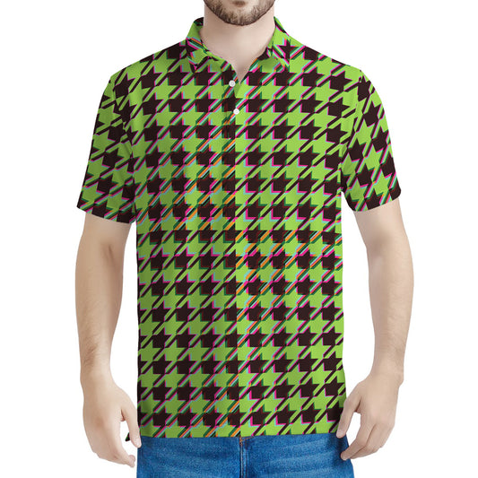 Trippy green Houndstooth Pattern Print Men's Polo Shirt